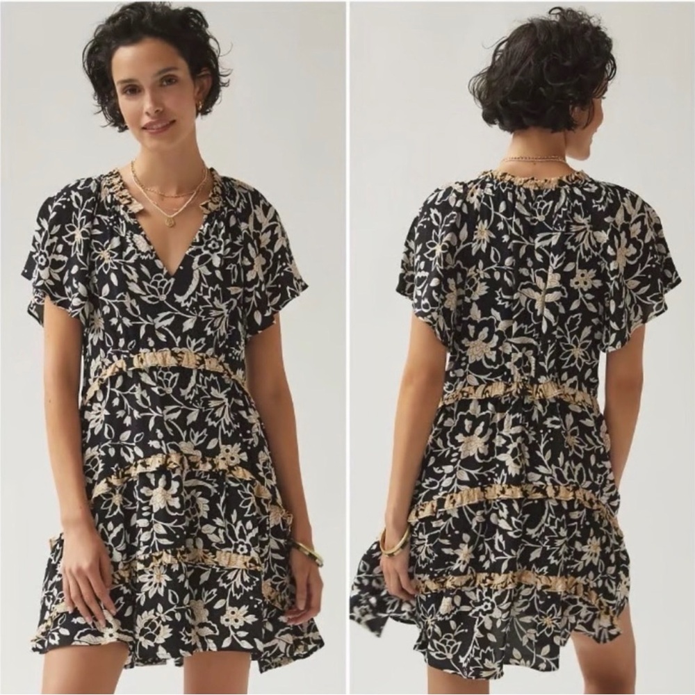 Anthropologie Black Floral Mini Dress with Beige Trim